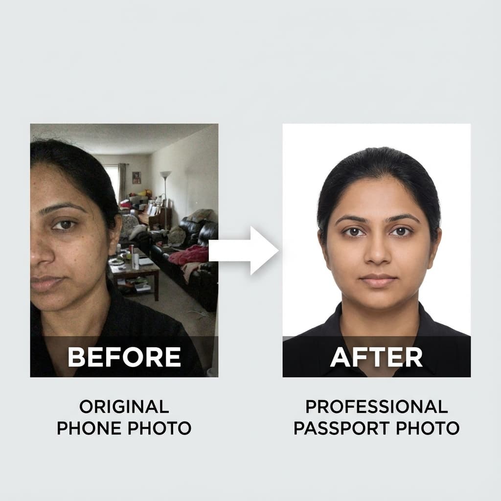 Passport photo background removal before and after showing white background